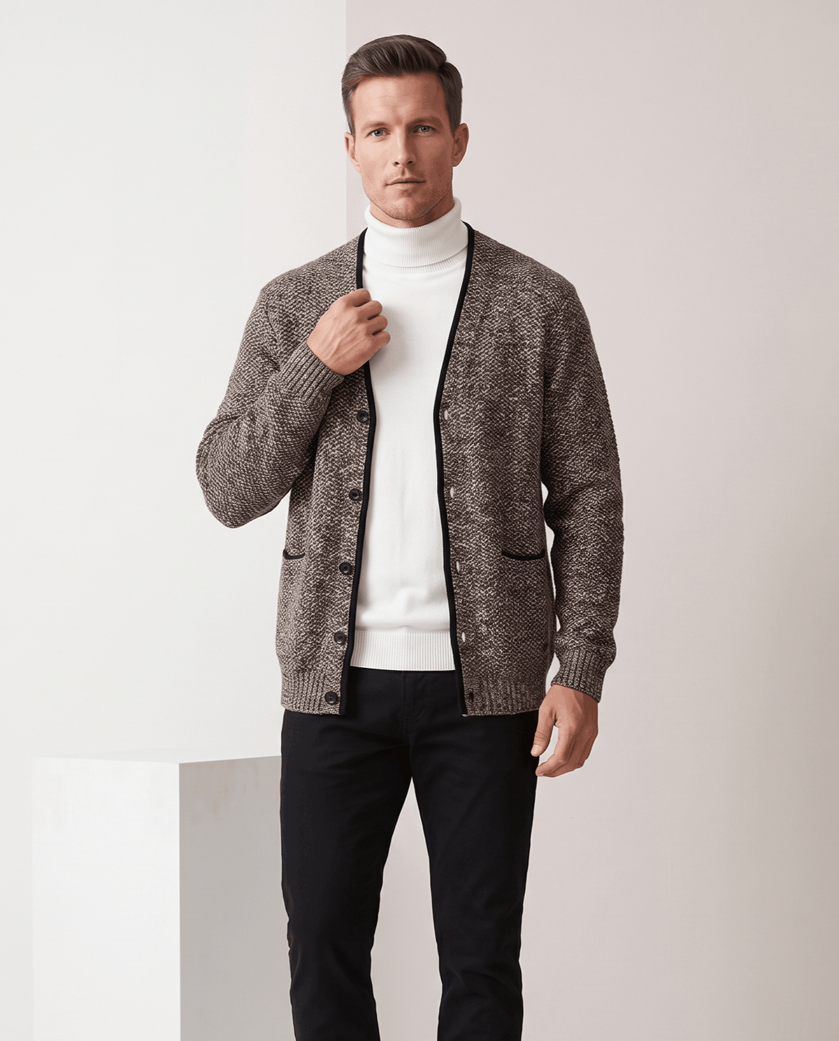 Marled Knit V-Neck Cardigan Sweater – Contrast Trim, Button Front & Pockets | Torin