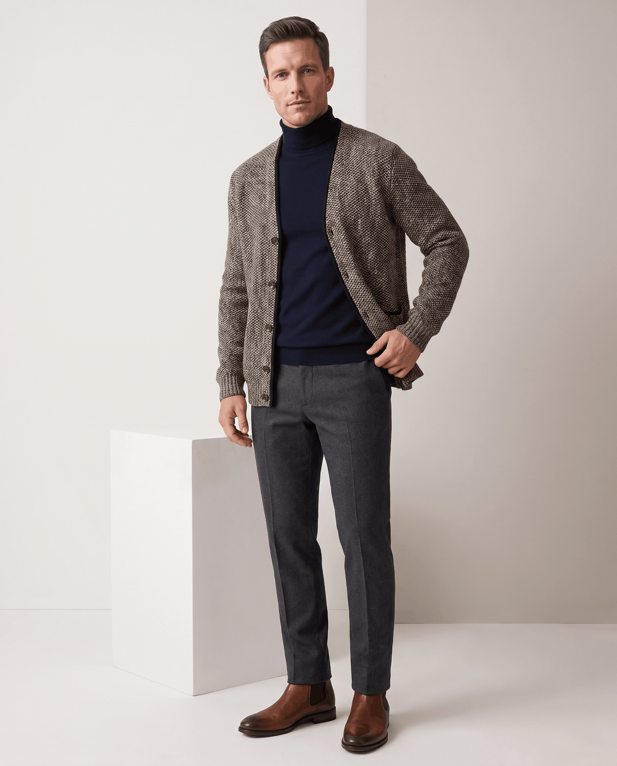Marled Knit V-Neck Cardigan Sweater – Contrast Trim, Button Front & Pockets | Torin