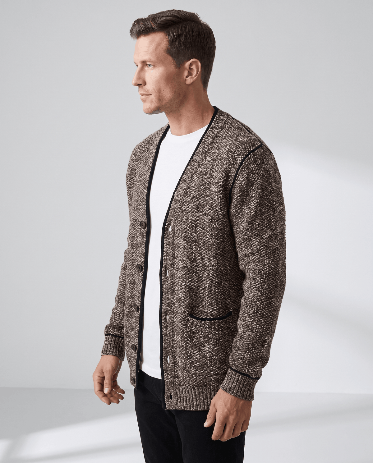 Marled Knit V-Neck Cardigan Sweater – Contrast Trim, Button Front & Pockets | Torin