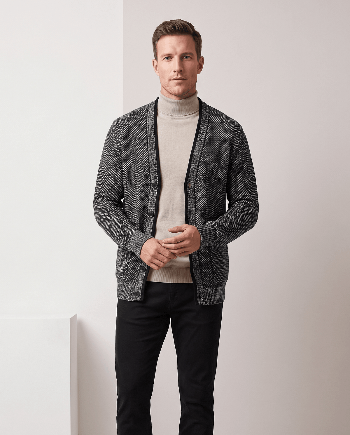 Marled Knit V-Neck Cardigan Sweater – Contrast Trim, Button Front & Pockets | Torin