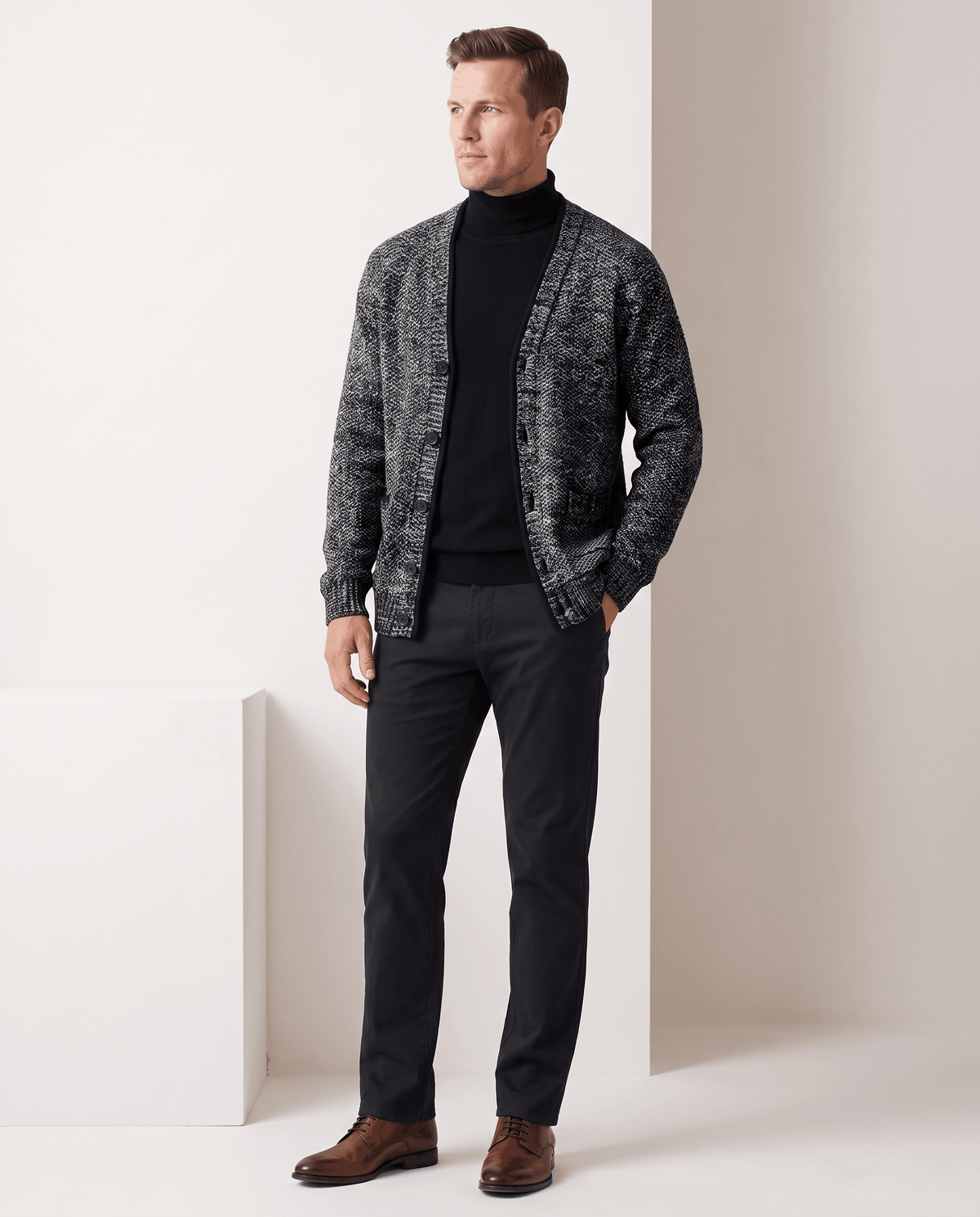 Marled Knit V-Neck Cardigan Sweater – Contrast Trim, Button Front & Pockets | Torin