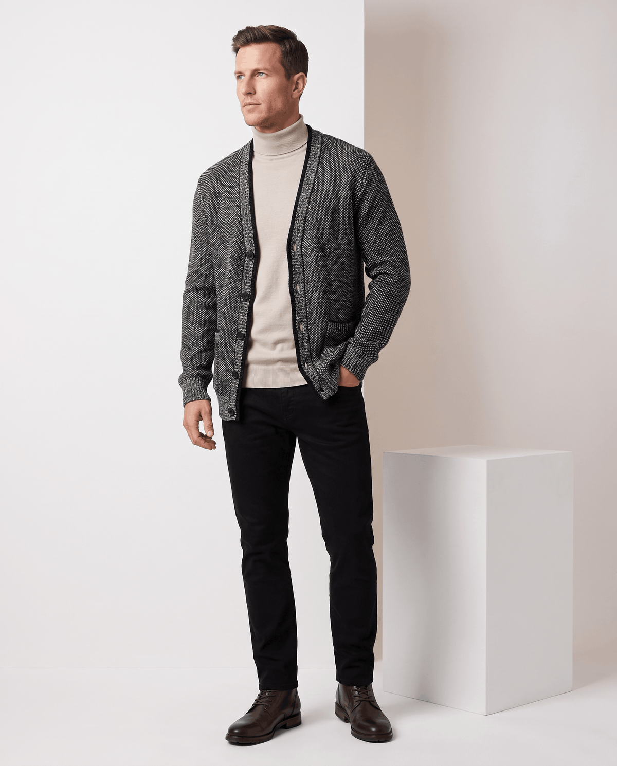 Marled Knit V-Neck Cardigan Sweater – Contrast Trim, Button Front & Pockets | Torin