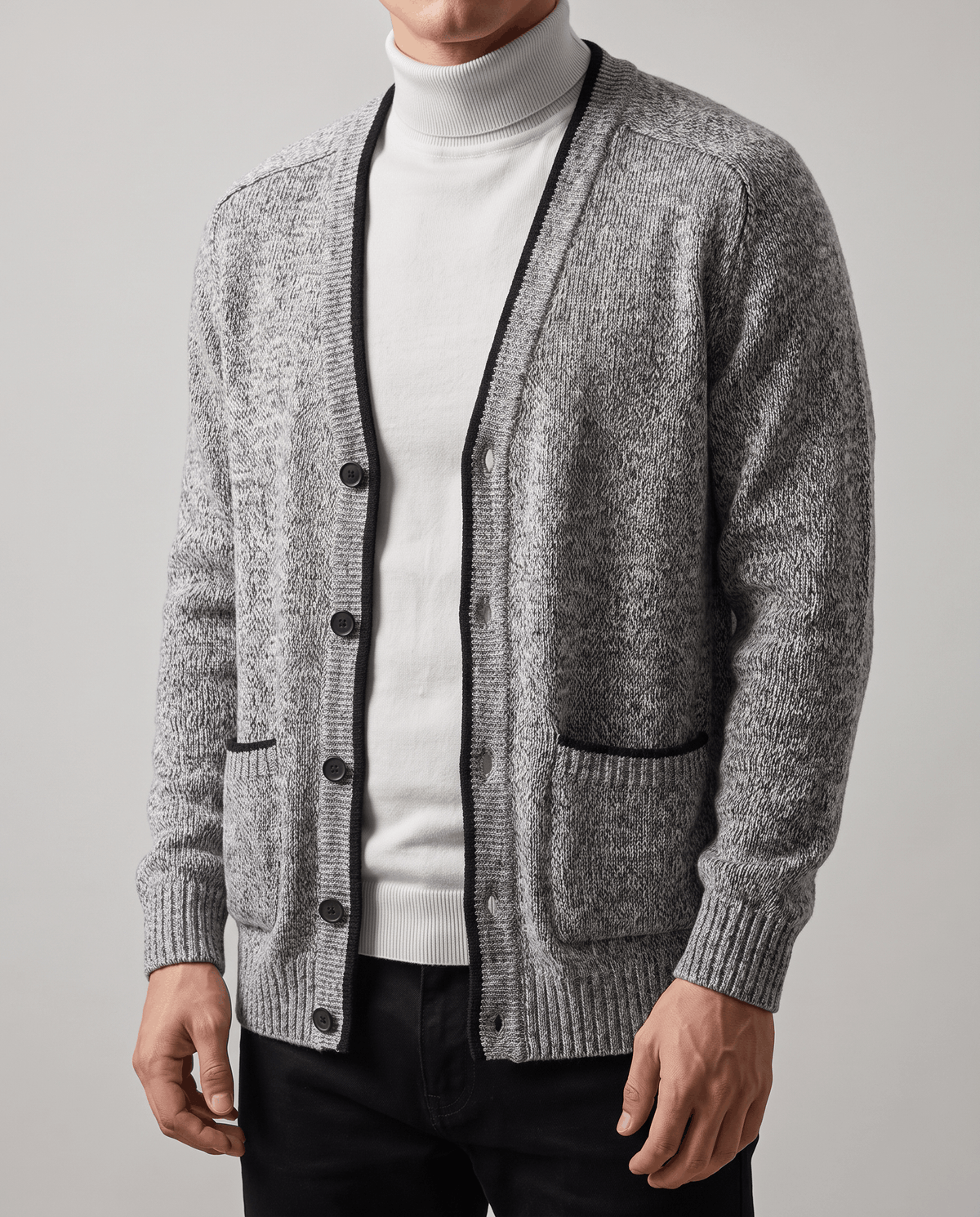 Marled Knit V-Neck Cardigan Sweater – Contrast Trim, Button Front & Pockets | Torin