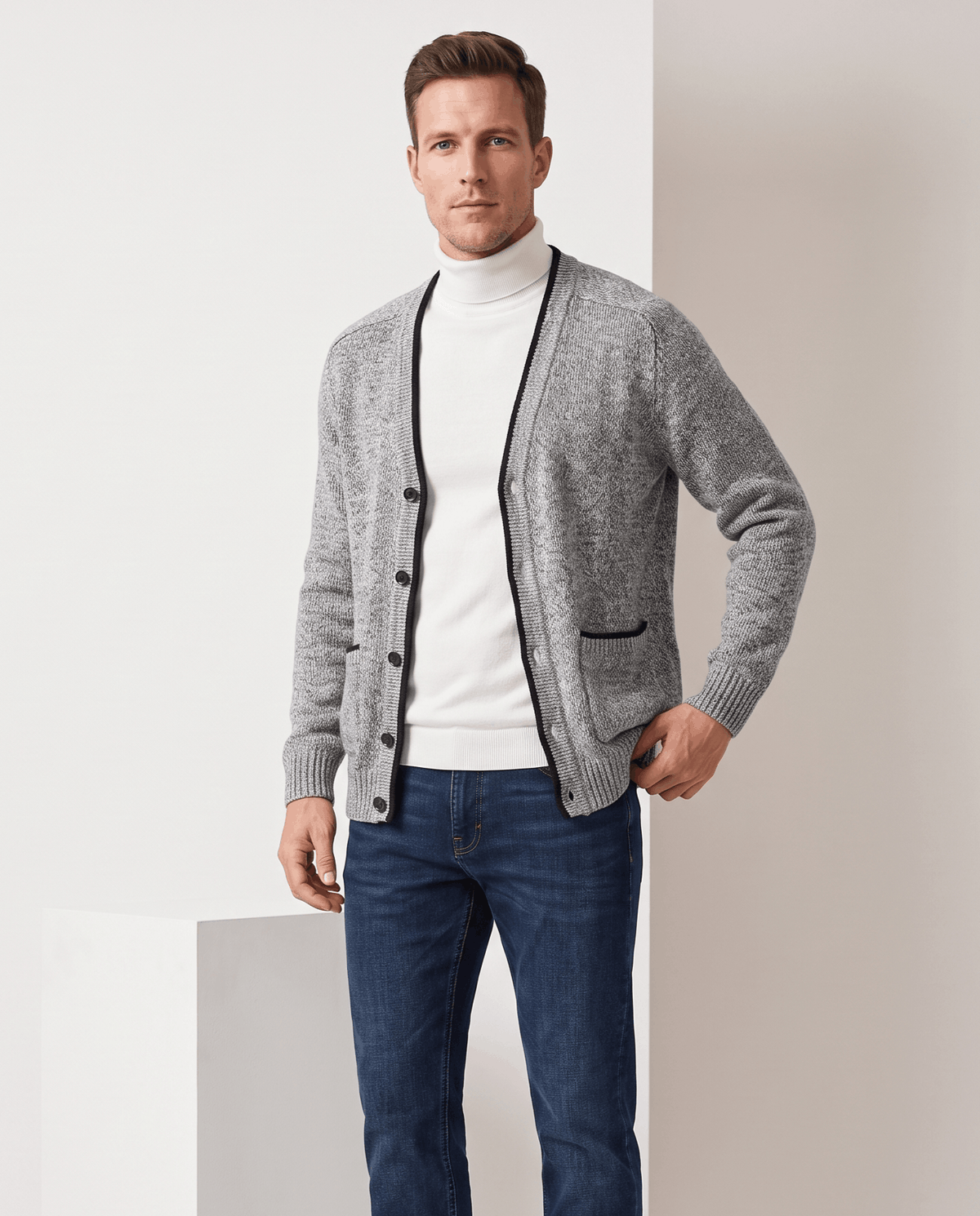 Marled Knit V-Neck Cardigan Sweater – Contrast Trim, Button Front & Pockets | Torin