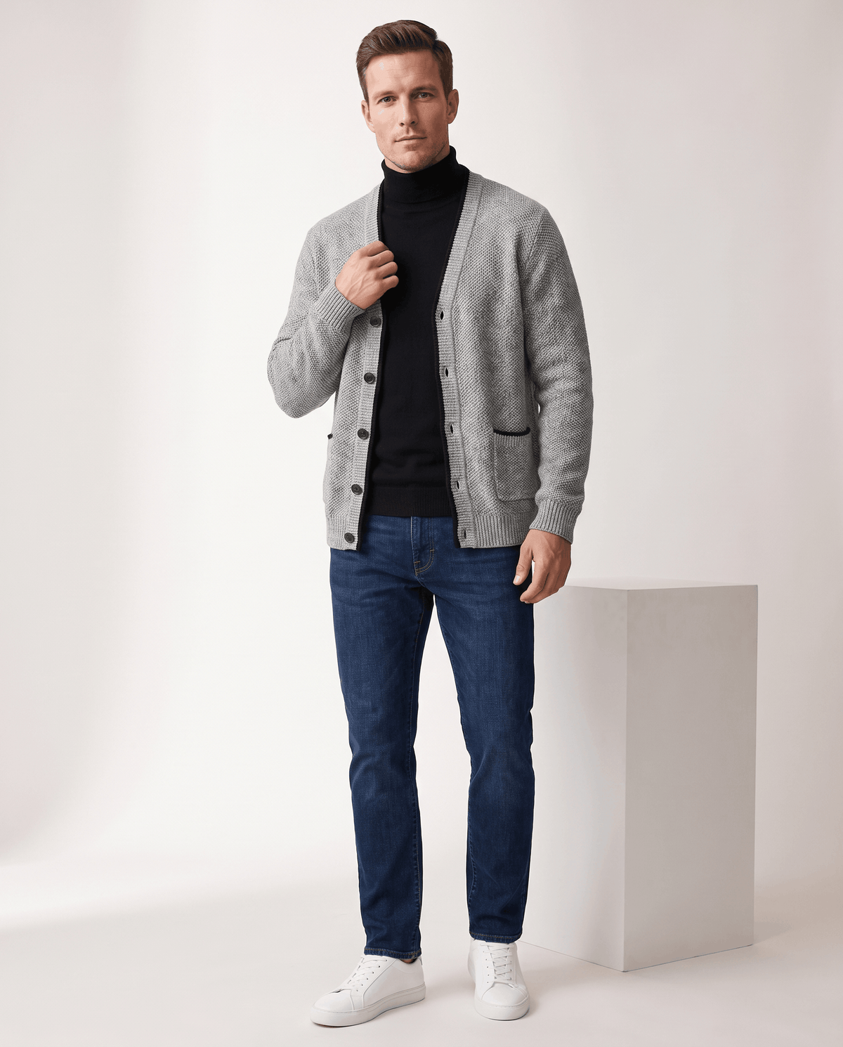 Marled Knit V-Neck Cardigan Sweater – Contrast Trim, Button Front & Pockets | Torin