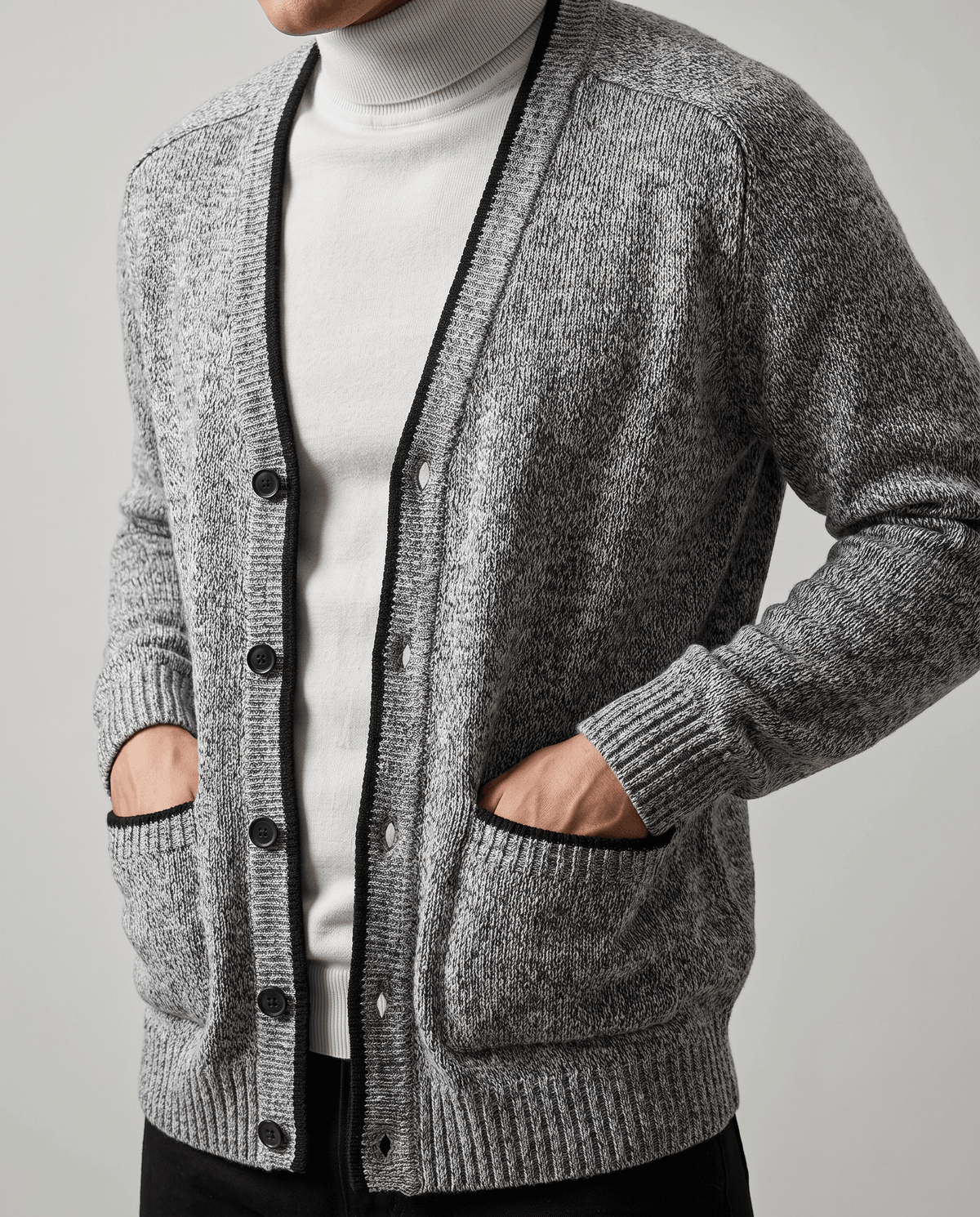 Marled Knit V-Neck Cardigan Sweater – Contrast Trim, Button Front & Pockets | Torin