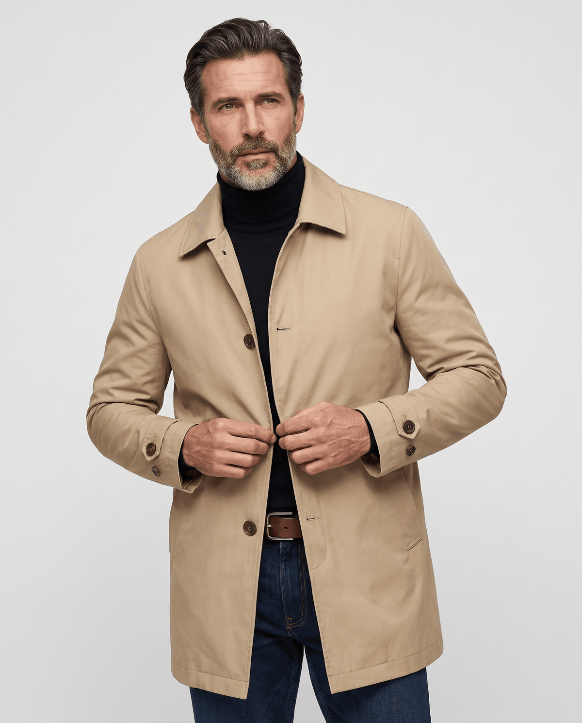 Mid-Length Trench Coat – Spread Collar, Button Front & Slanted Pockets | Emmett