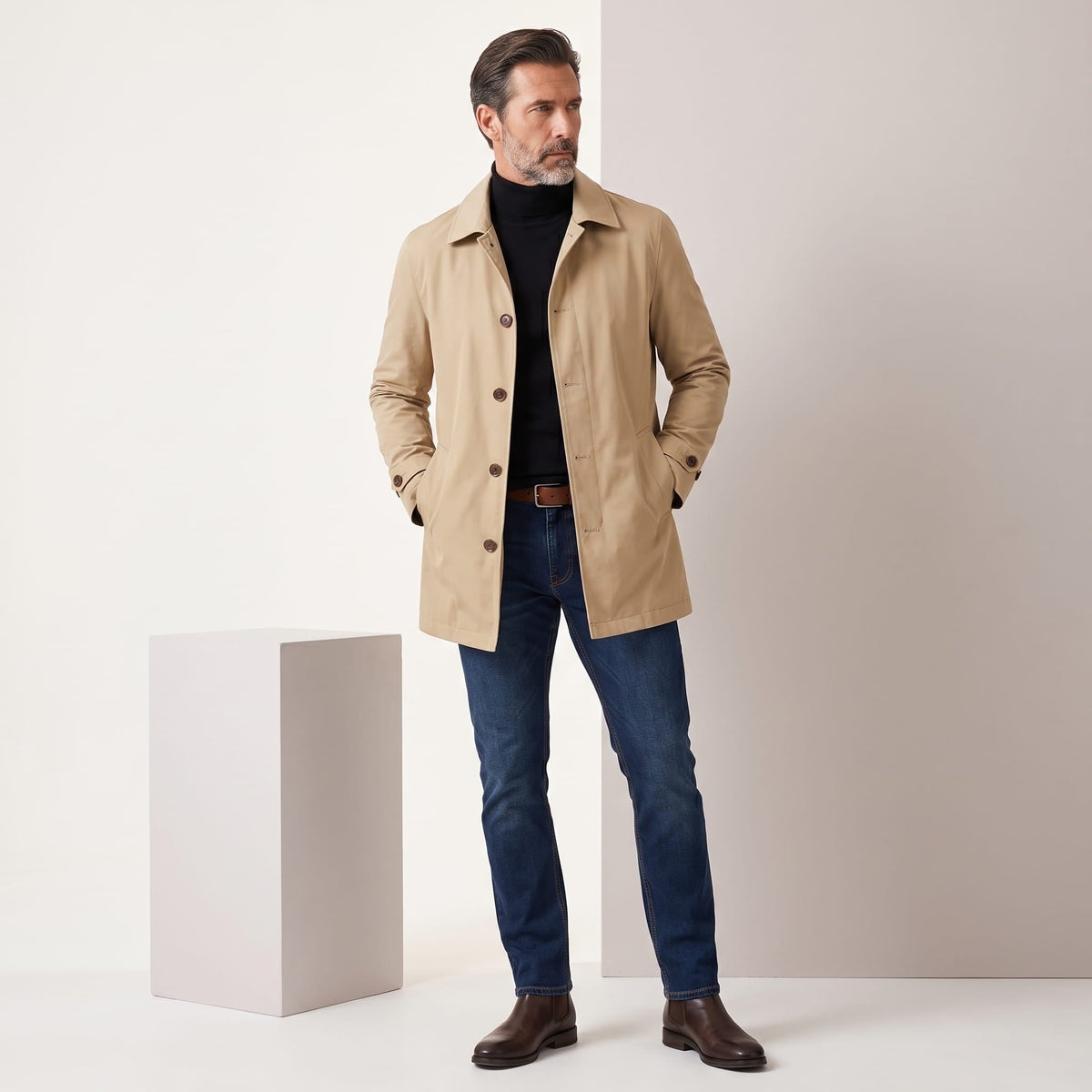 Mid-Length Trench Coat – Spread Collar, Button Front & Slanted Pockets | Emmett