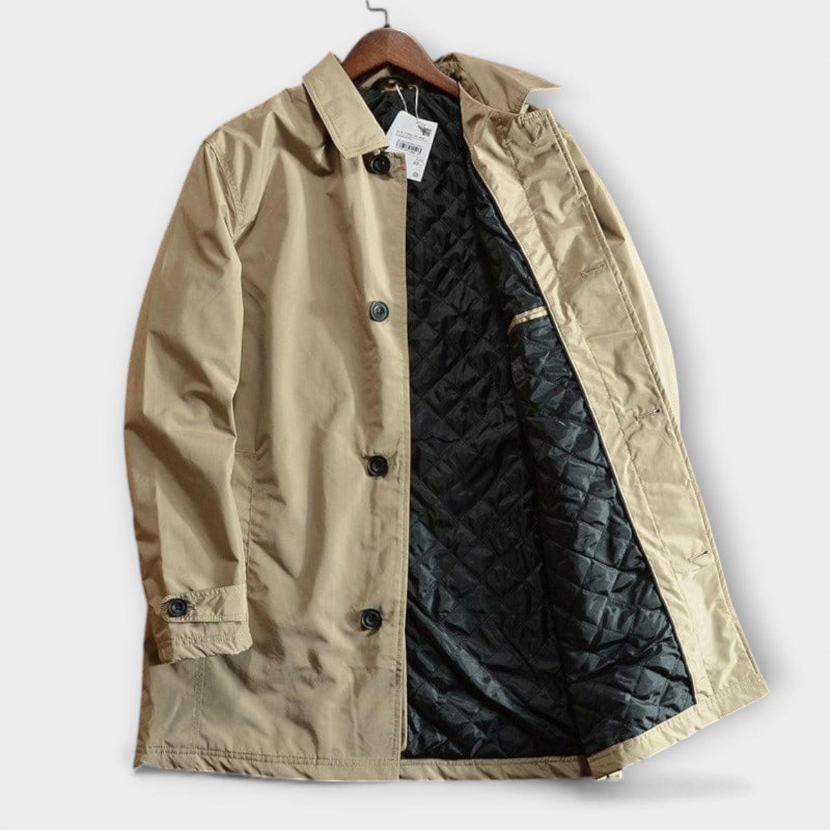 Mid-Length Trench Coat – Spread Collar, Button Front & Slanted Pockets | Emmett