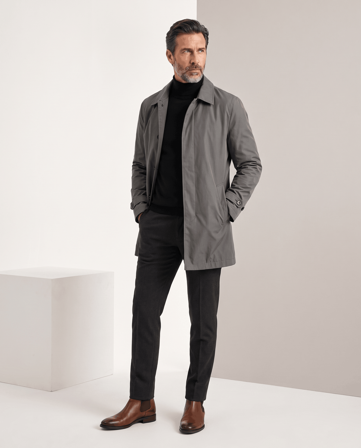 Mid-Length Trench Coat – Spread Collar, Button Front & Slanted Pockets | Emmett