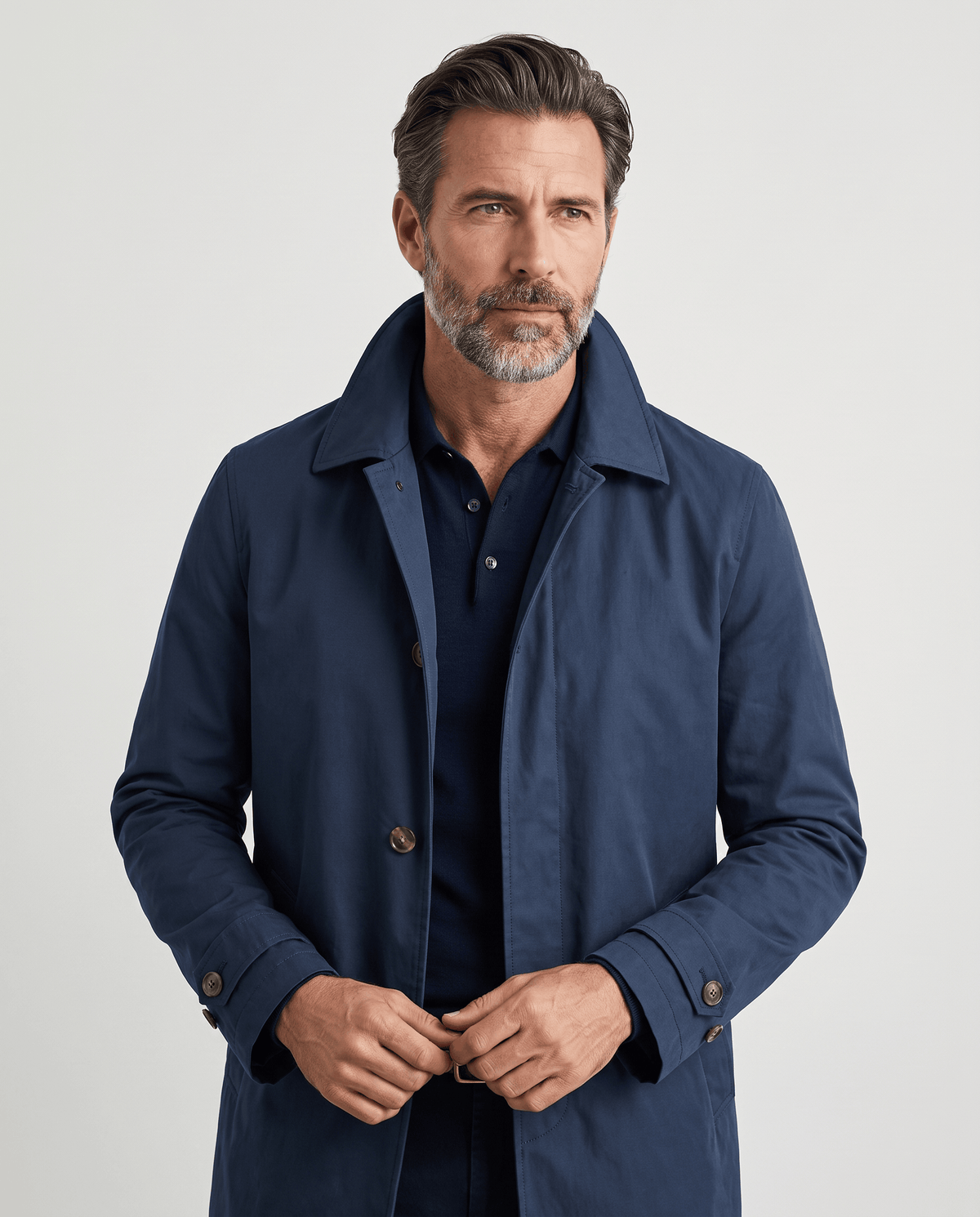 Mid-Length Trench Coat – Spread Collar, Button Front & Slanted Pockets | Emmett