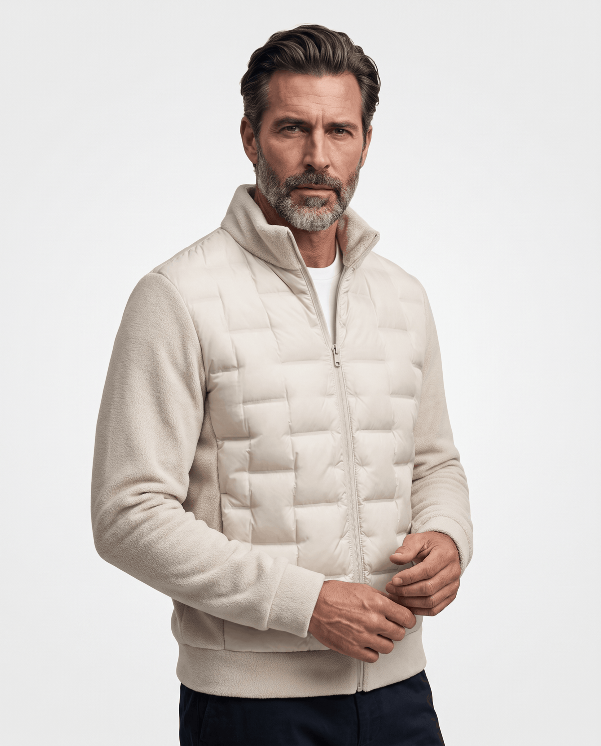 Hybrid Puffer Jacket – Quilted Body, Fleece Sleeves & Stand Collar | Emilio
