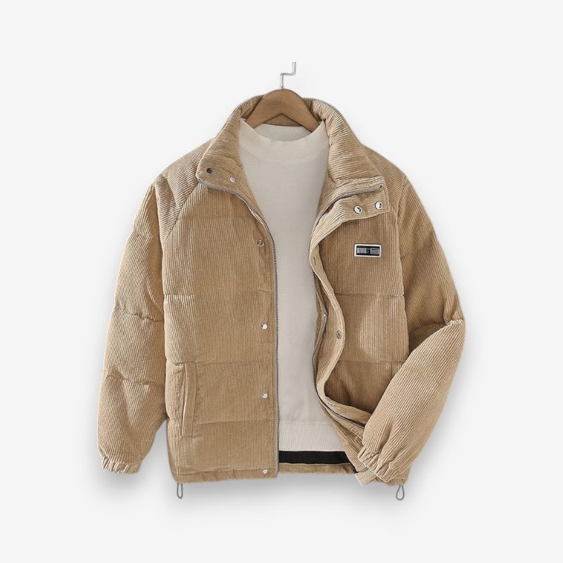 Men's Packable Corduroy Puffer Jacket with Quilted Baffles and Stand Collar