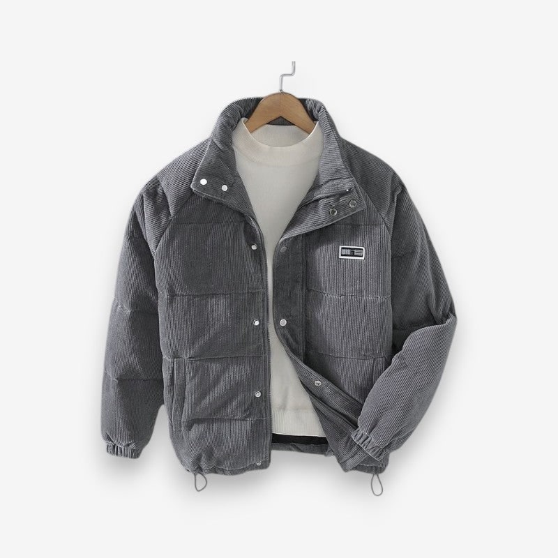 Men's Packable Corduroy Puffer Jacket with Quilted Baffles and Stand Collar