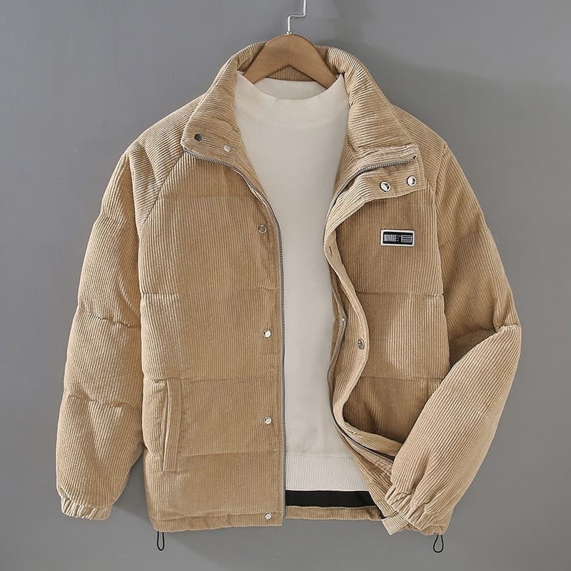 Men's Packable Corduroy Puffer Jacket with Quilted Baffles and Stand Collar
