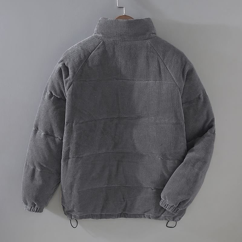 Men's Packable Corduroy Puffer Jacket with Quilted Baffles and Stand Collar