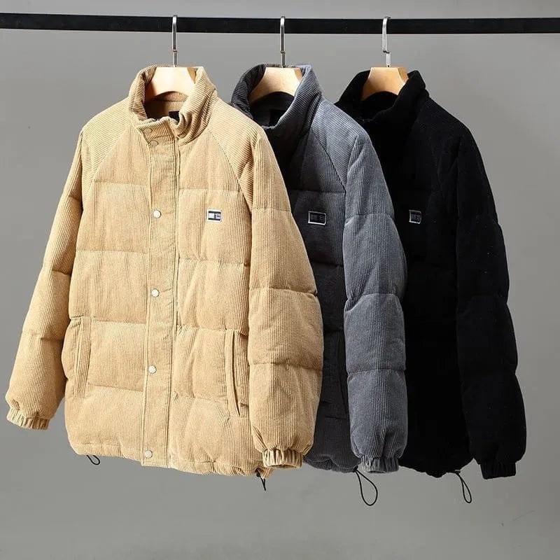 Men's Packable Corduroy Puffer Jacket with Quilted Baffles and Stand Collar