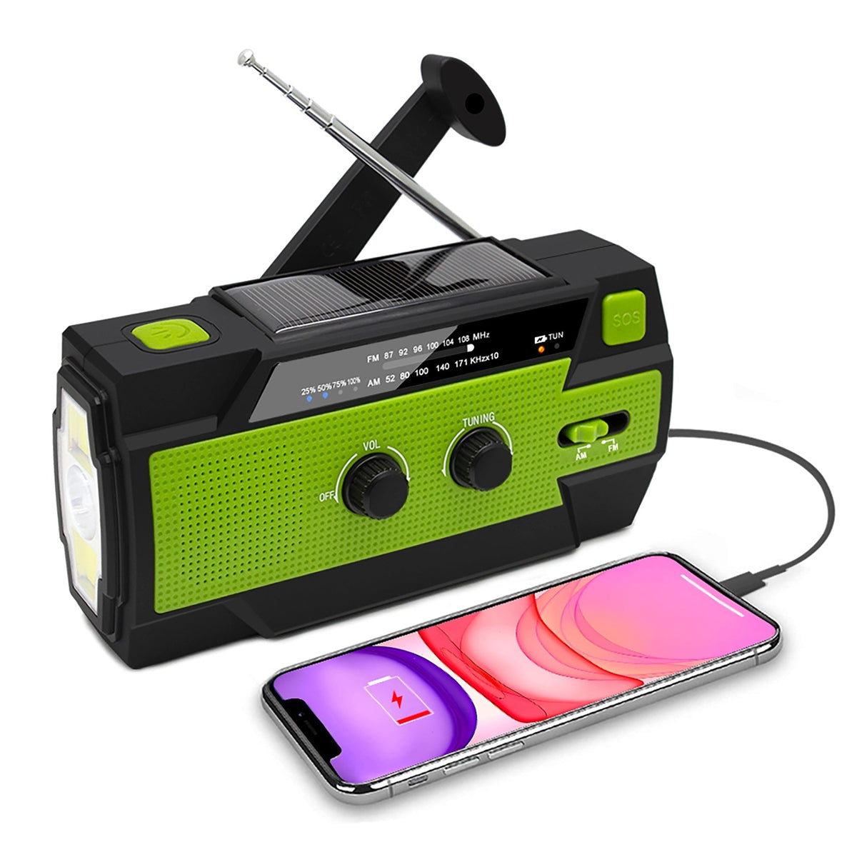 Portable Emergency Radio with Hand Crank Solar Powered Weather Band and Flashlight