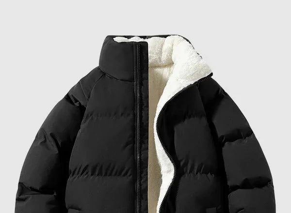 Men's Puffer Jacket – Black Fleece-Lined Stand Collar