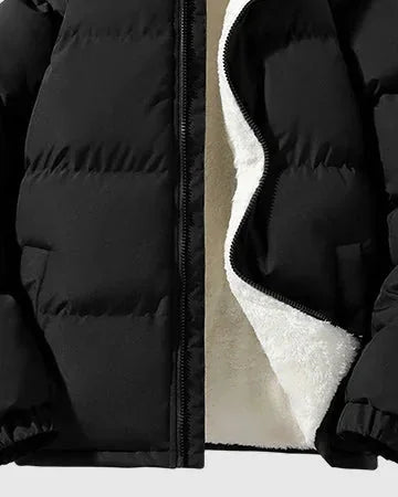 Men's Puffer Jacket – Black Fleece-Lined Stand Collar