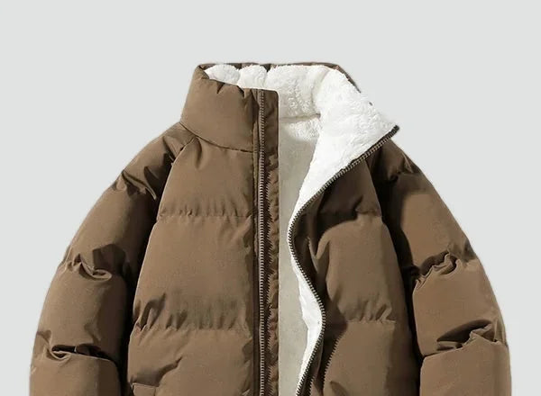 Men's Puffer Jacket – Black Fleece-Lined Stand Collar