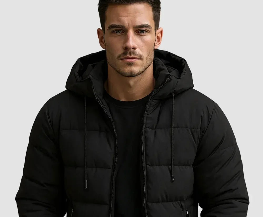 Men's Puffer Jacket – Black Hooded Side Pockets