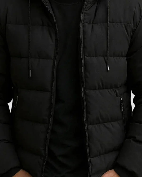 Men's Puffer Jacket – Black Hooded Side Pockets