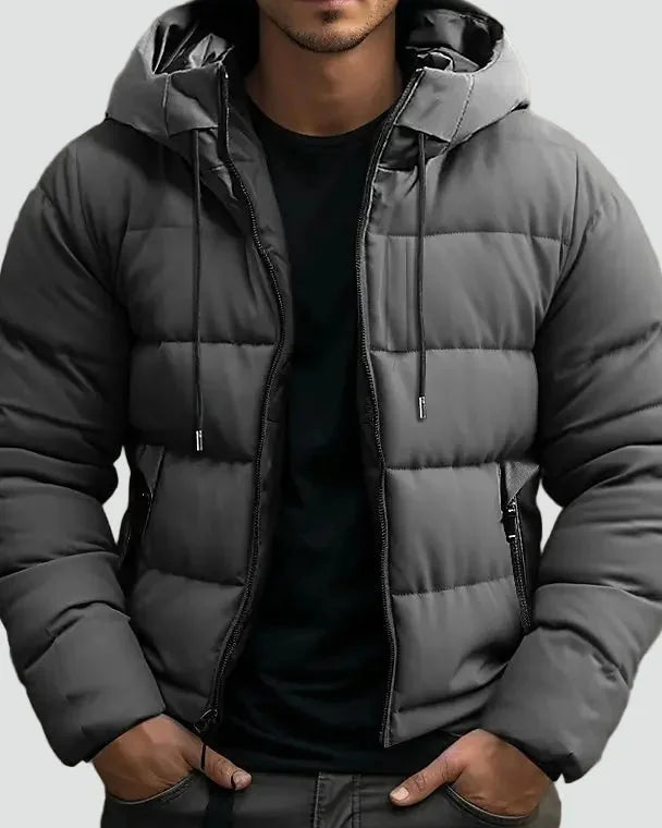 Men's Puffer Jacket – Black Hooded Side Pockets