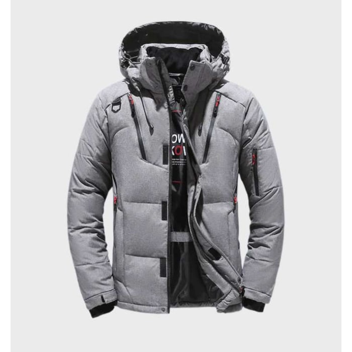 Men's Puffer Jacket with Insulated Quilted Design Hood and Multiple Zippered Pockets