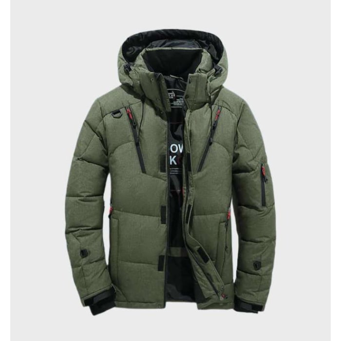 Men's Puffer Jacket with Insulated Quilted Design Hood and Multiple Zippered Pockets