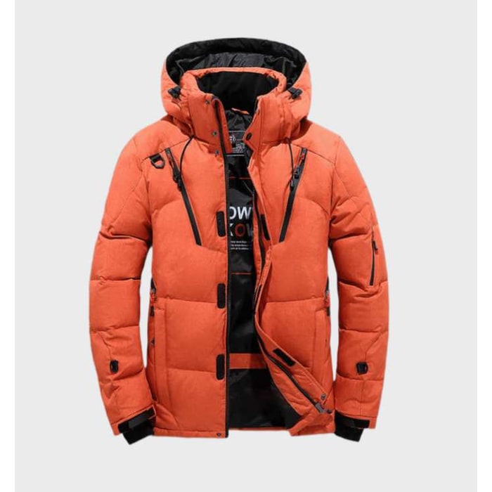Men's Puffer Jacket with Insulated Quilted Design Hood and Multiple Zippered Pockets
