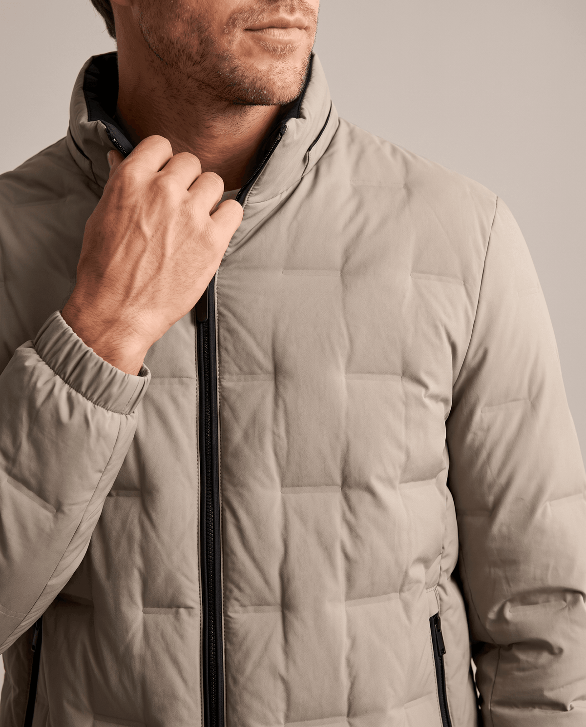 Quilted Down Jacket – Stand Collar, Contrast Lining & Elasticated Cuffs | Sutton