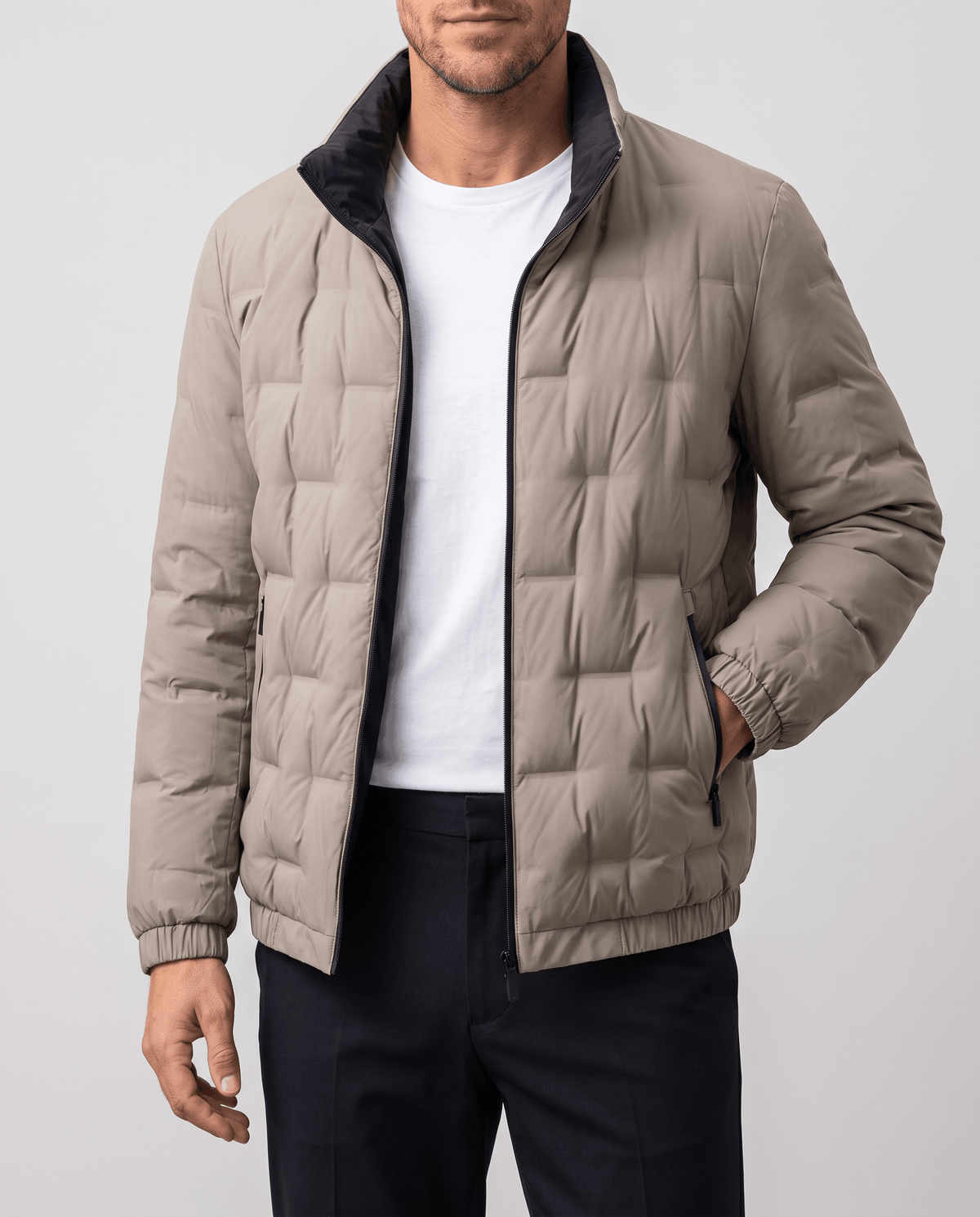 Quilted Down Jacket – Stand Collar, Contrast Lining & Elasticated Cuffs | Sutton