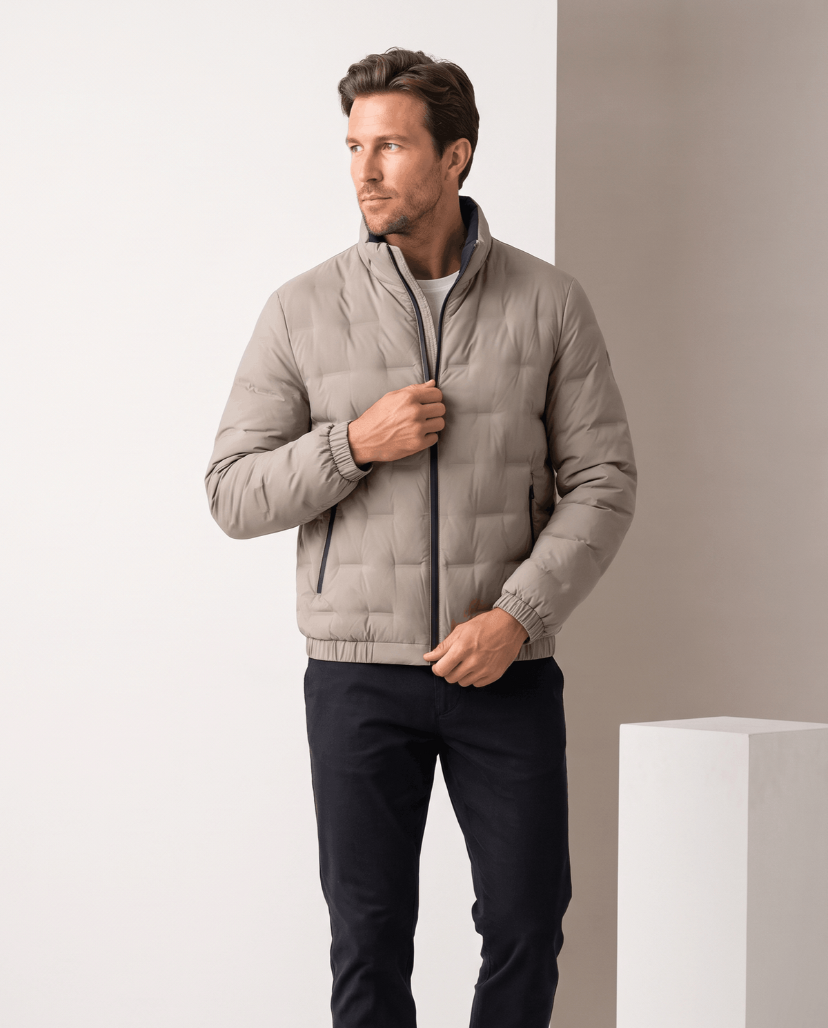 Quilted Down Jacket – Stand Collar, Contrast Lining & Elasticated Cuffs | Sutton
