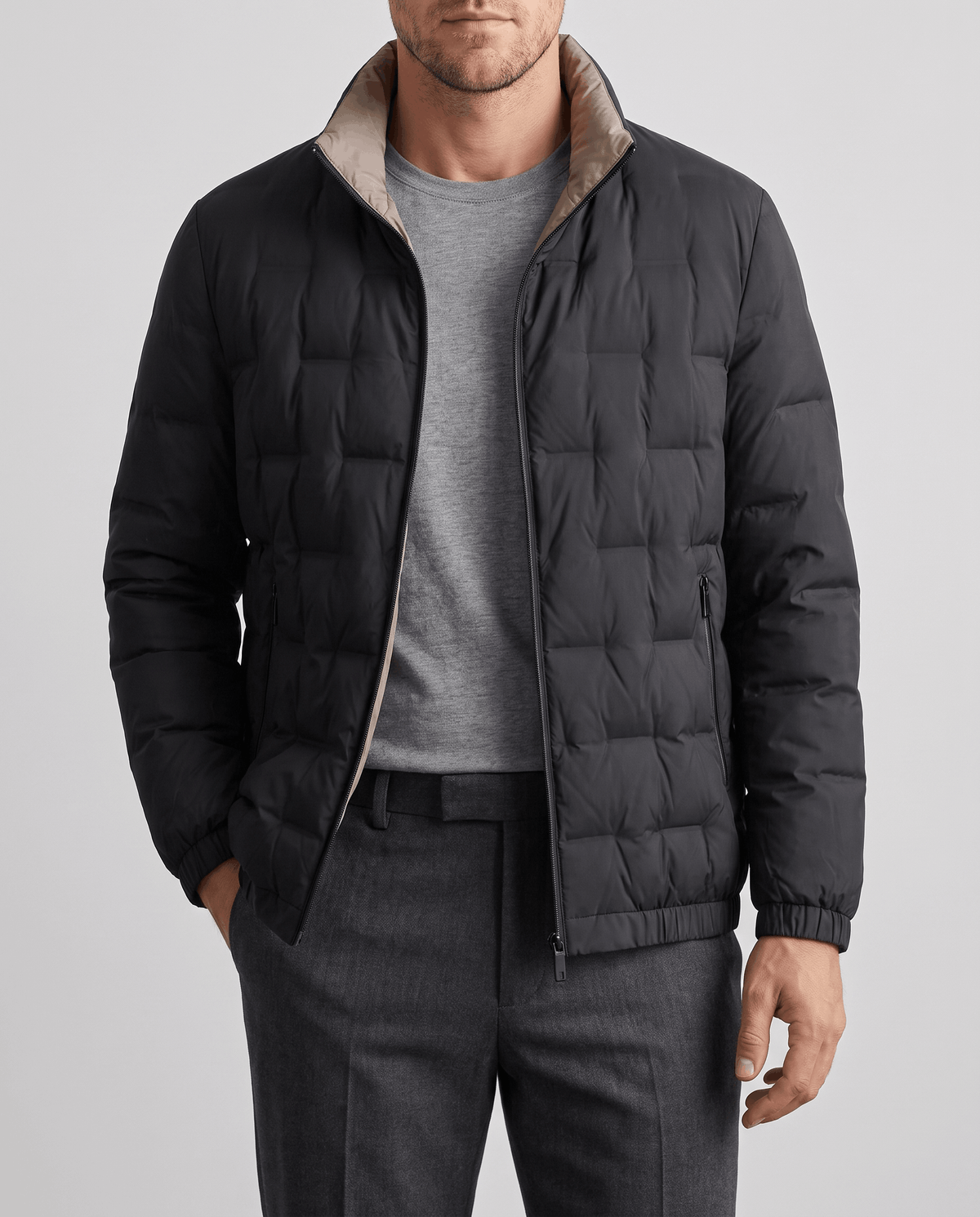 Quilted Down Jacket – Stand Collar, Contrast Lining & Elasticated Cuffs | Sutton