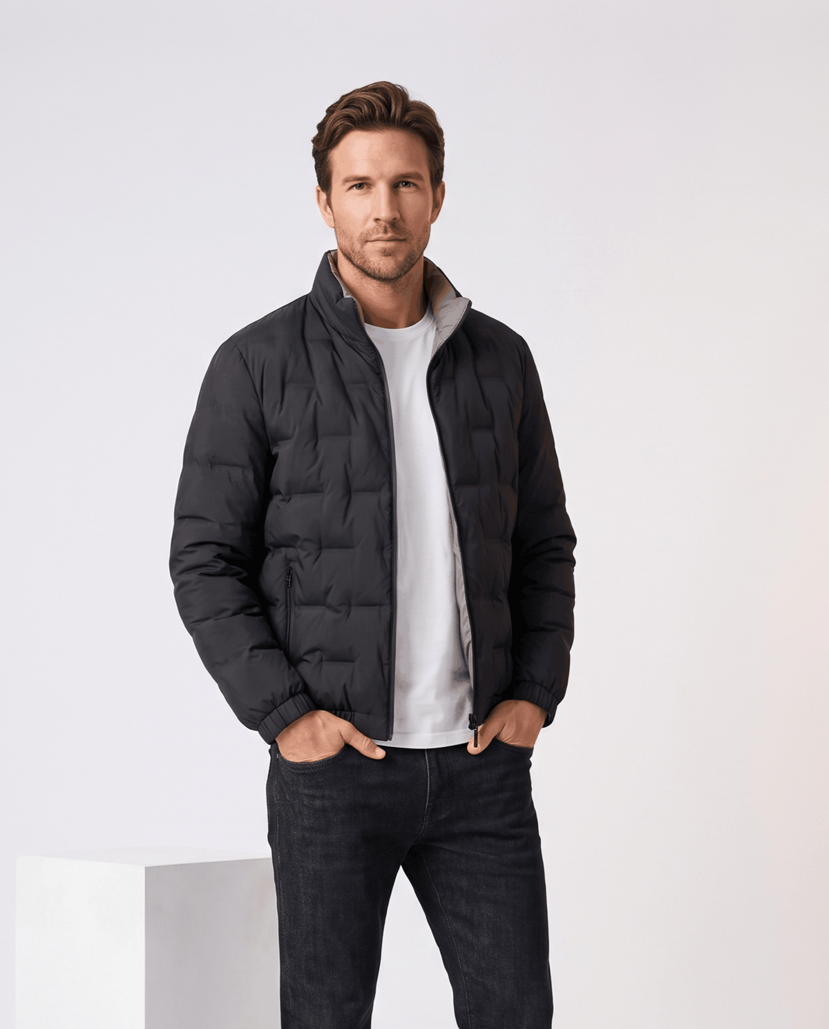 Quilted Down Jacket – Stand Collar, Contrast Lining & Elasticated Cuffs | Sutton