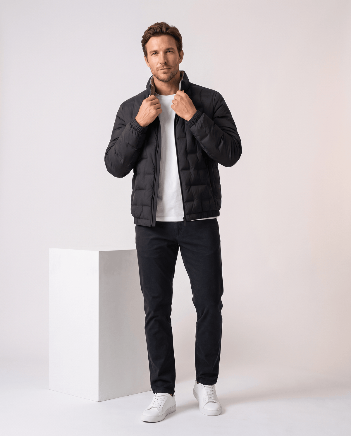 Quilted Down Jacket – Stand Collar, Contrast Lining & Elasticated Cuffs | Sutton