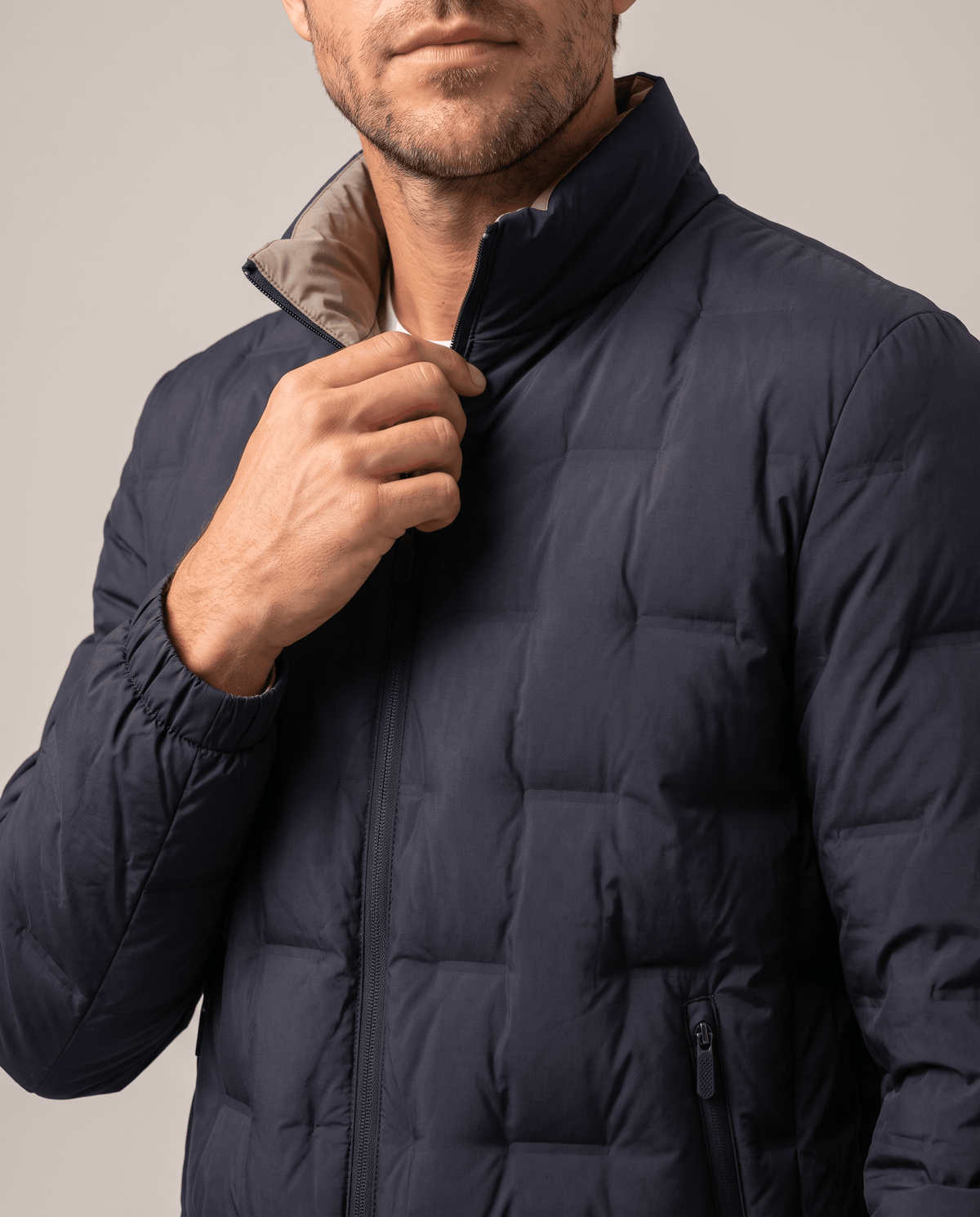Quilted Down Jacket – Stand Collar, Contrast Lining & Elasticated Cuffs | Sutton