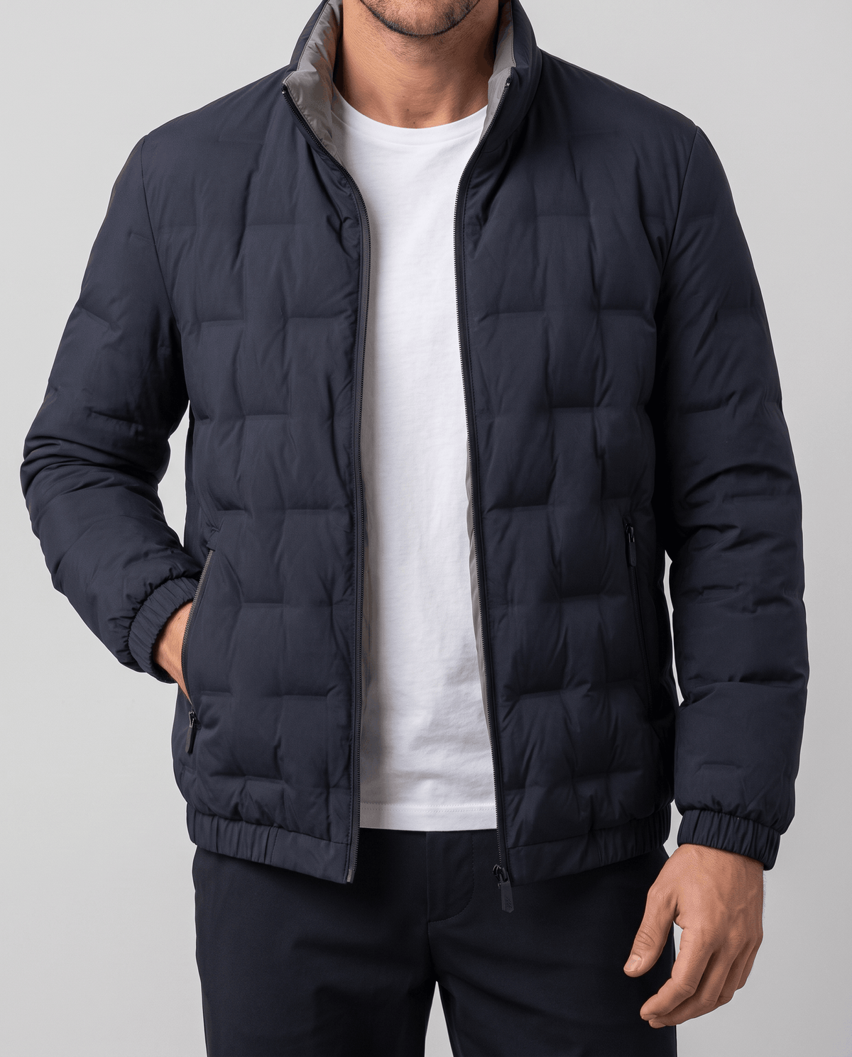 Quilted Down Jacket – Stand Collar, Contrast Lining & Elasticated Cuffs | Sutton