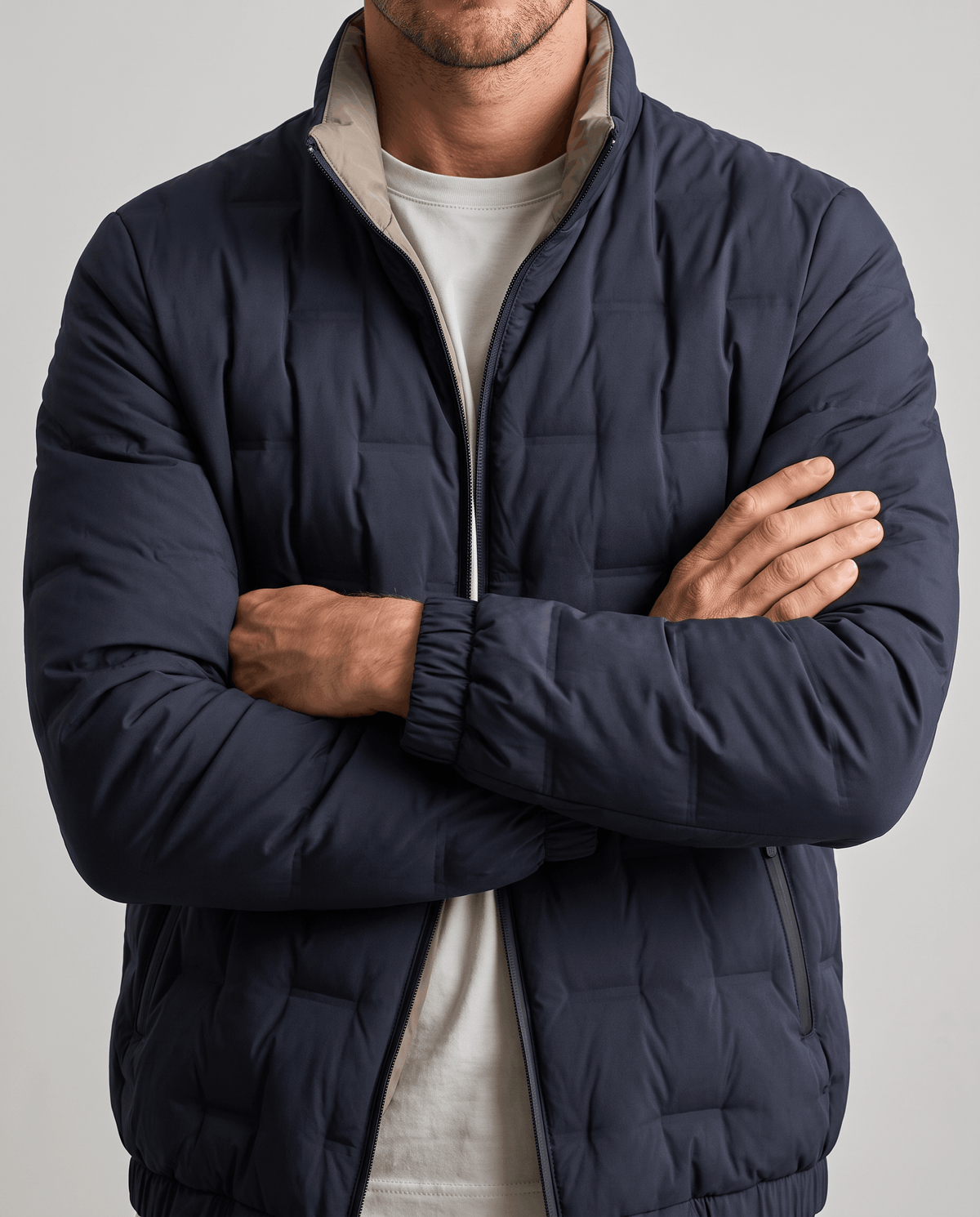 Quilted Down Jacket – Stand Collar, Contrast Lining & Elasticated Cuffs | Sutton