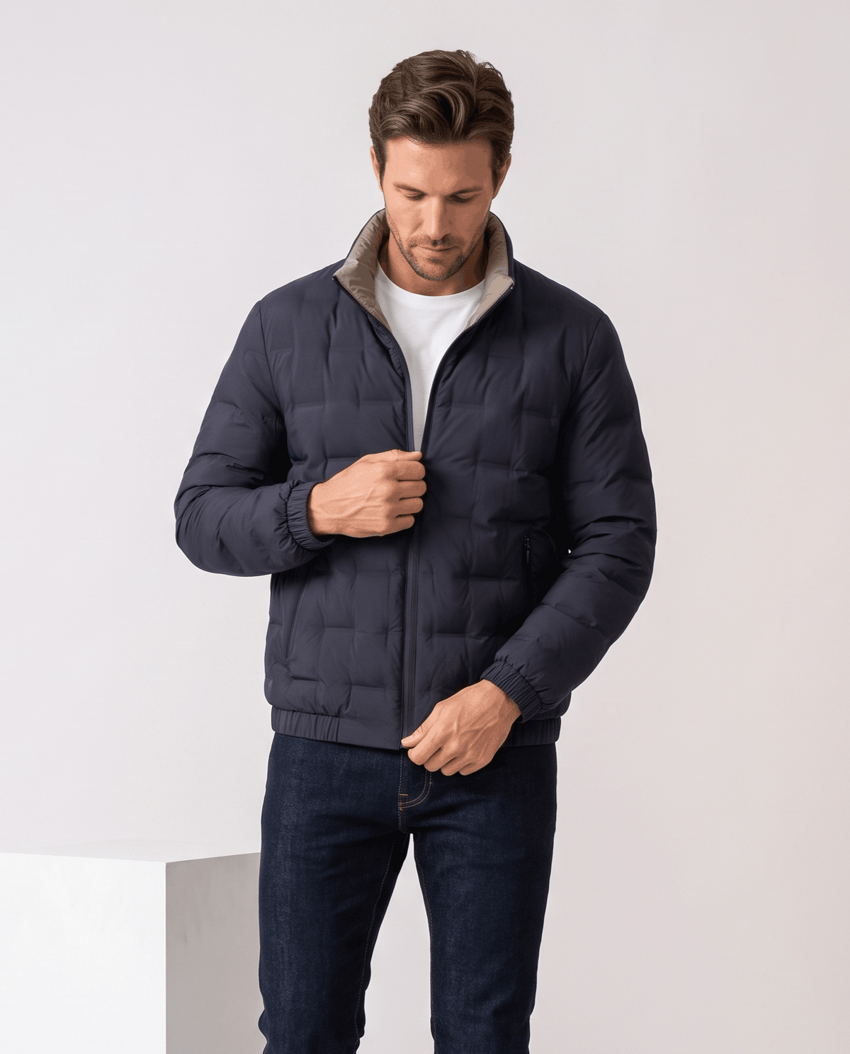 Quilted Down Jacket – Stand Collar, Contrast Lining & Elasticated Cuffs | Sutton