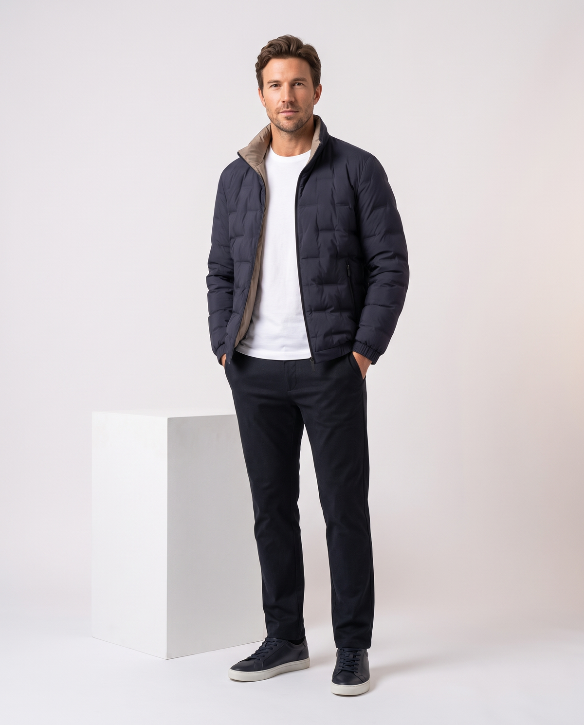 Quilted Down Jacket – Stand Collar, Contrast Lining & Elasticated Cuffs | Sutton