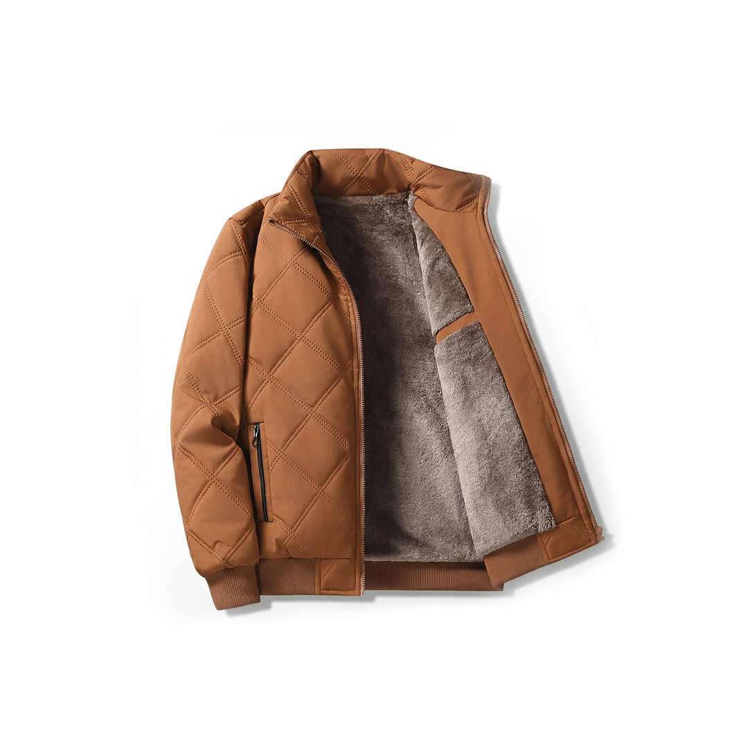 Men's Quilted Jacket with Diamond Quilting Fleece Lining and Stand Collar