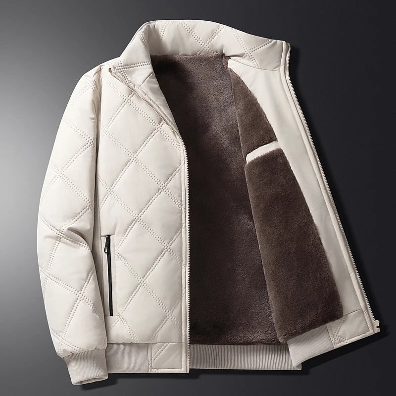 Men's Quilted Jacket with Diamond Quilting Fleece Lining and Stand Collar