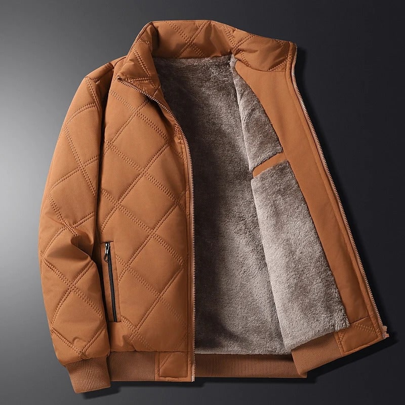 Men's Quilted Jacket with Diamond Quilting Fleece Lining and Stand Collar