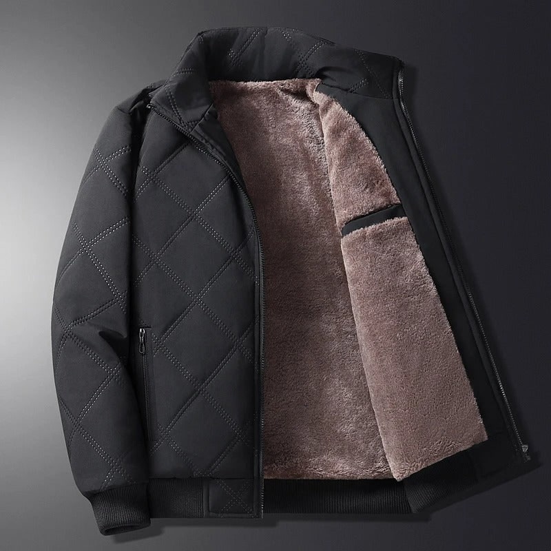 Men's Quilted Jacket with Diamond Quilting Fleece Lining and Stand Collar