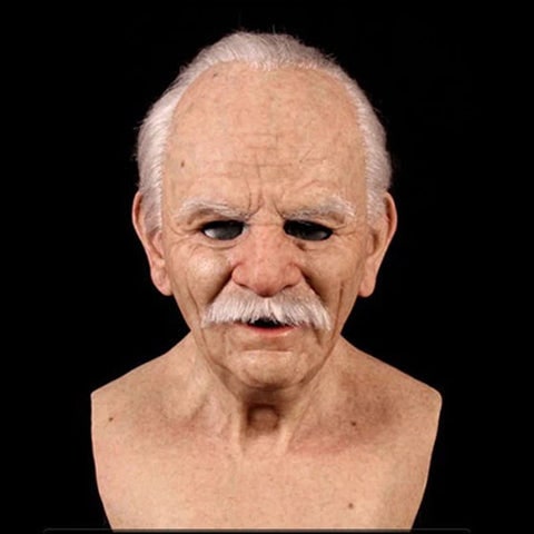 Men's Realistic Silicone Old Man Mask with Extended Chest Bib and Hair Details