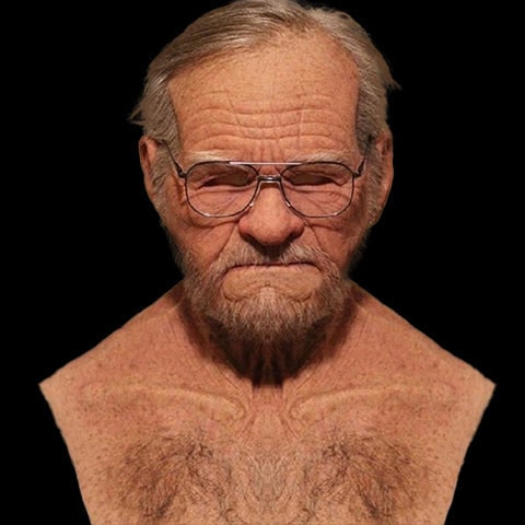 Men's Realistic Silicone Old Man Mask with Extended Chest Bib and Hair Details