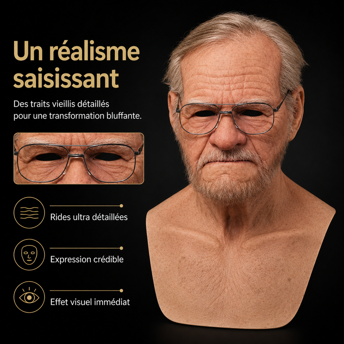Men's Realistic Silicone Old Man Mask with Extended Chest Bib and Hair Details