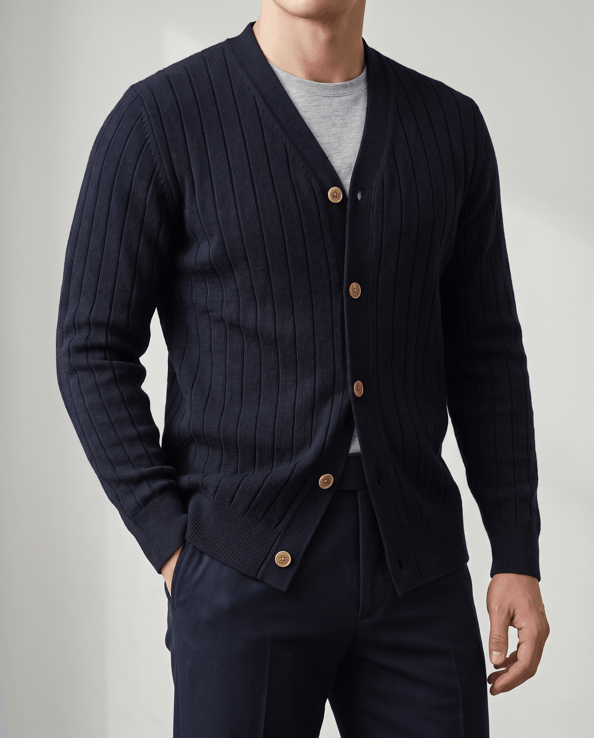 Ribbed Knit V-Neck Cardigan Sweater – Button Front & Cotton Blend | Rodel